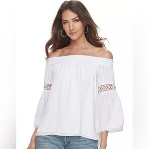 Jennifer Lopez Off the Shoulder White Satin Top with Gold Accent Rings in Size M